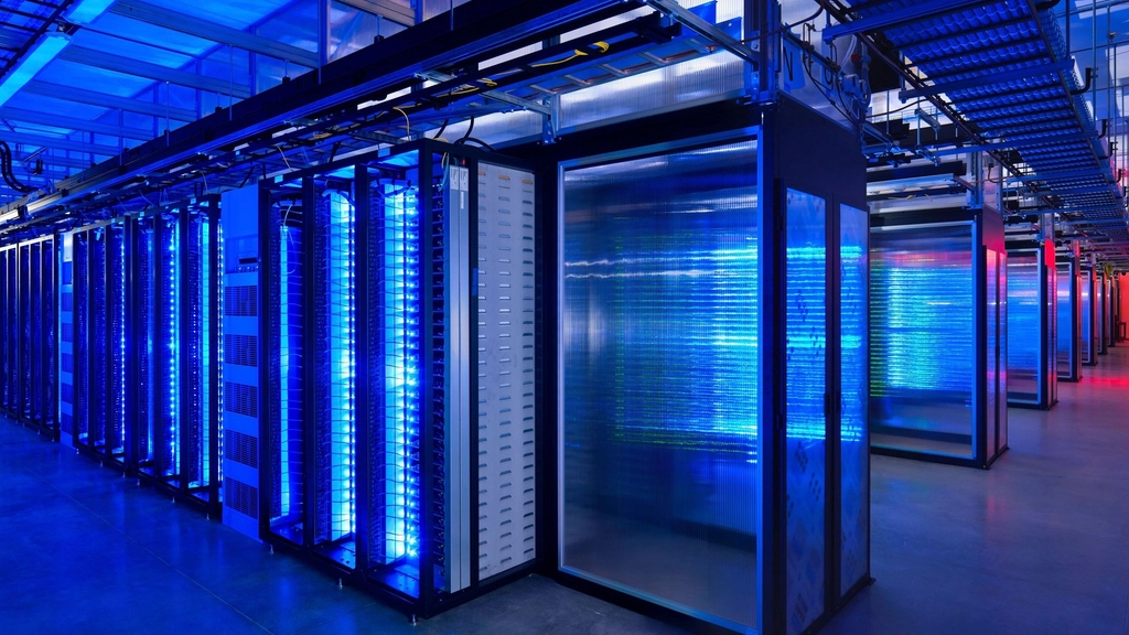 Rows of server racks inside a data center